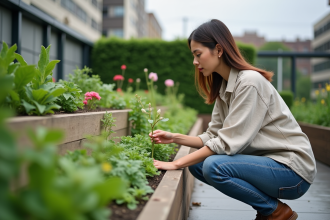 Jeune femme dans un jardin urbain en rooftop