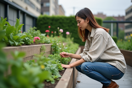 Jeune femme dans un jardin urbain en rooftop