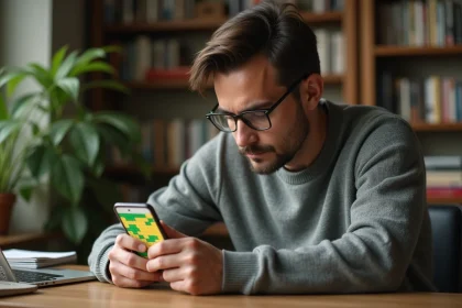 Homme concentré jouant à Wordle sur smartphone avec stratégie experte pour trouver le mot en 3 essais