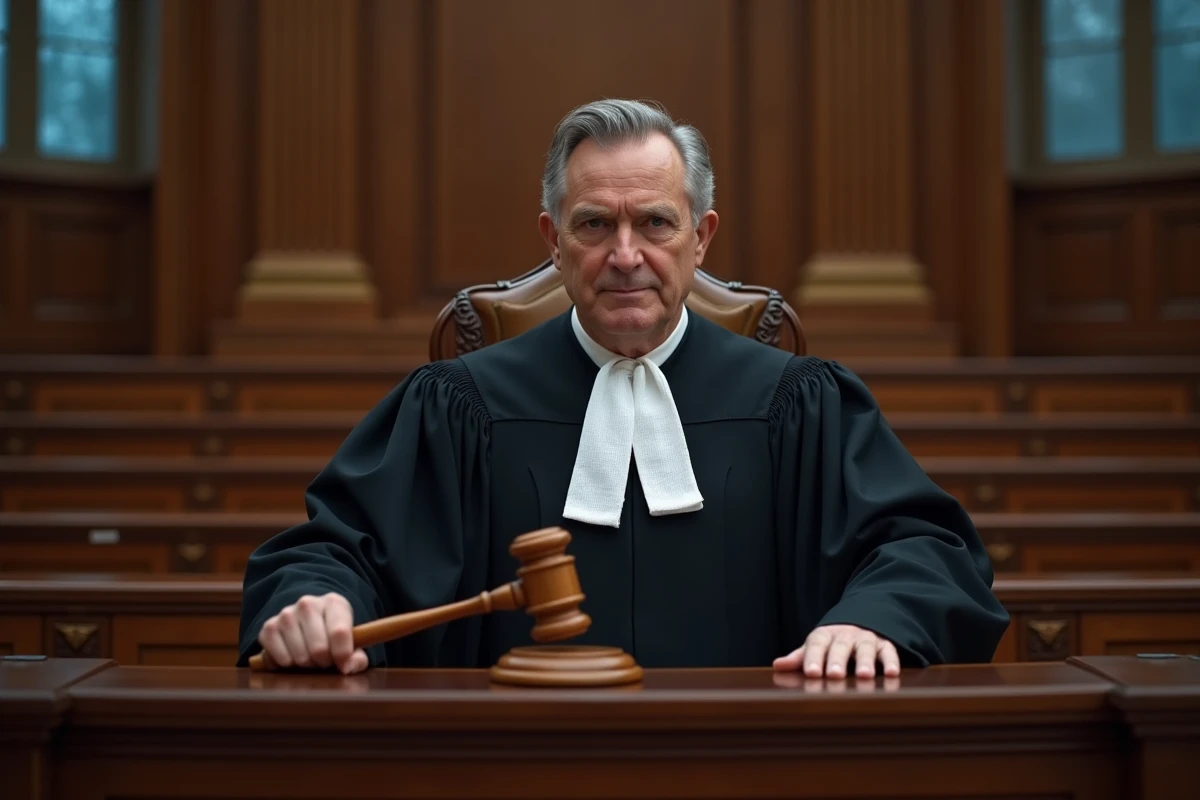 Juge en robe noire frappant un marteau sur un bureau de tribunal en bois, illustrant une décision judiciaire de déboutement