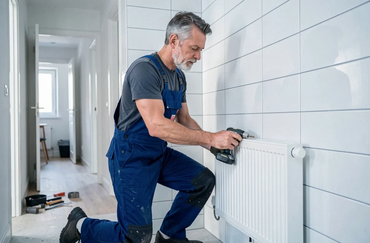 Plombier installateur Kesteloot Jean-Pierre posant un radiateur de salle de bain dans un appartement rénové à Vitry-sur-Seine