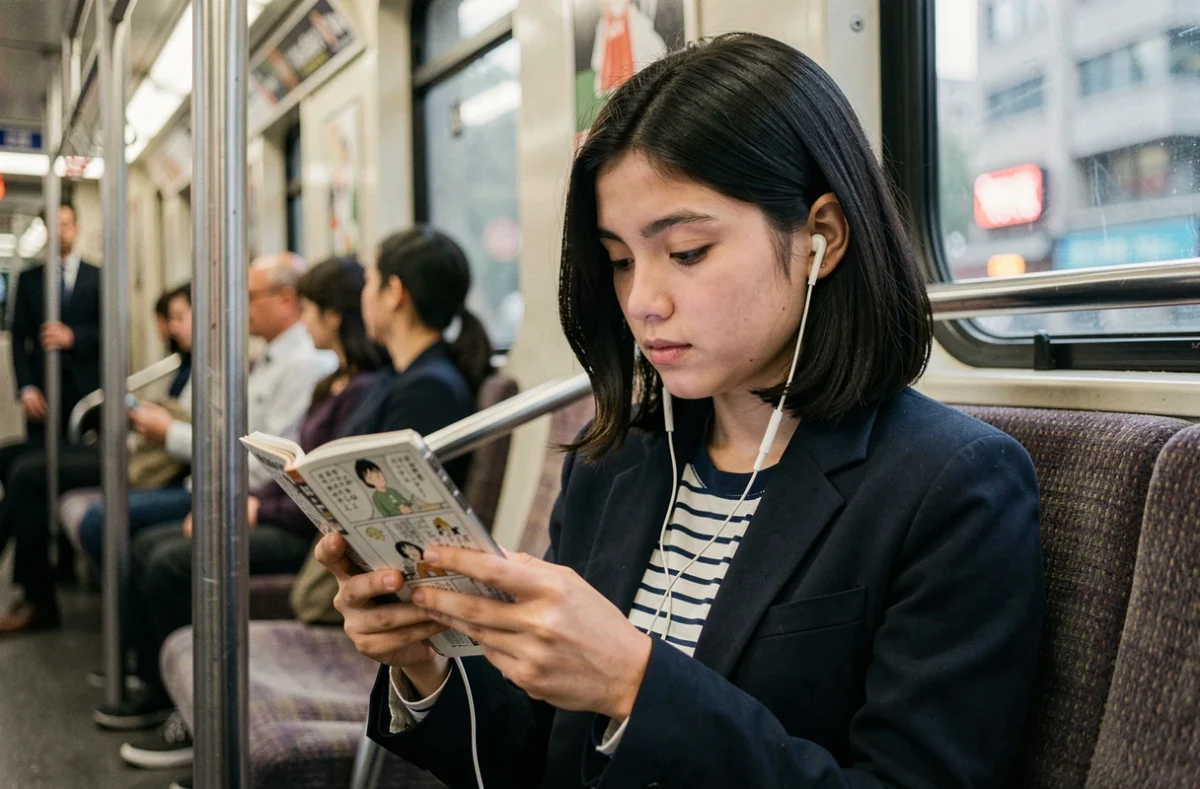 Adolescente consultant un scan de One Piece sur smartphone dans le métro, illustrant la lecture de manga hors ligne en déplacement