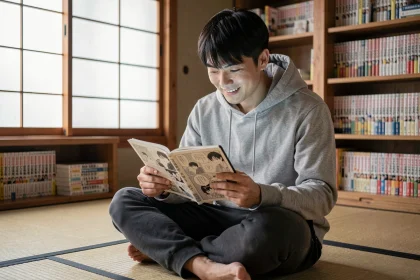 Jeune homme lisant un scan de manga sur tablette dans une chambre japonaise cosy, idéal pour illustrer la lecture hors connexion de One Piece