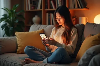 Jeune femme lisant des scans manga sur smartphone confortablement installée dans son canapé