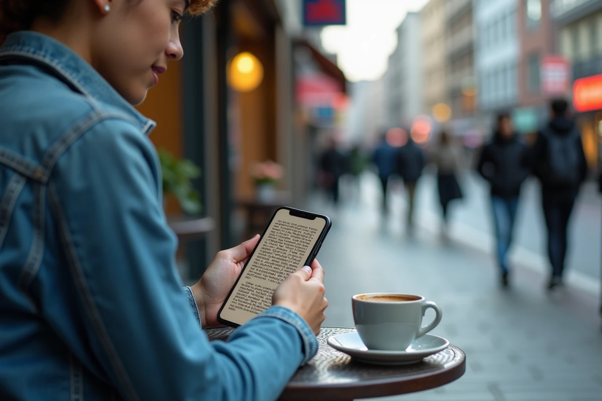 Personne lisant des scans sur smartphone dans un café en terrasse en ville