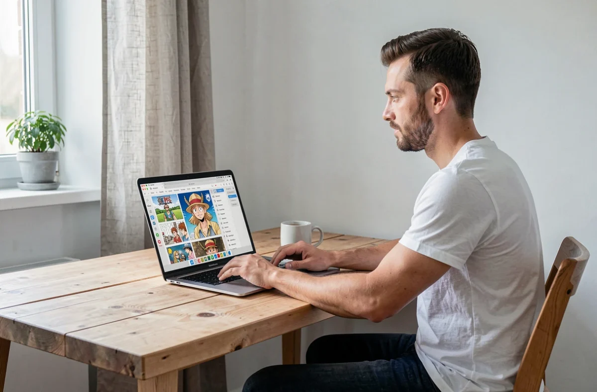 Homme lisant One Piece sur ordinateur portable dans un bureau scandinave minimaliste, solution de lecture de scan manga hors connexion à domicile