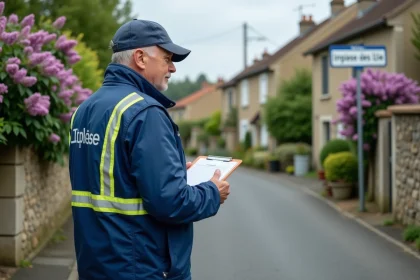 Livreur en bleu v&eacute;rifiant panneau rue impasse des Lilas