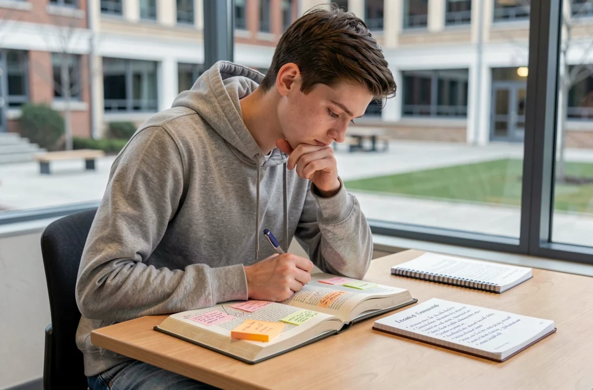 Lycéen étudiant seul la définition de pays développé dans un manuel d'économie près d'une fenêtre