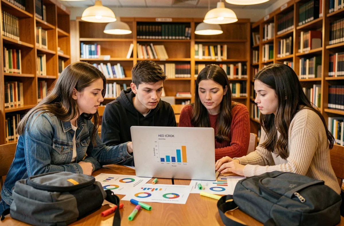 Lycéens travaillant ensemble sur un projet comparatif des pays développés et en développement en bibliothèque