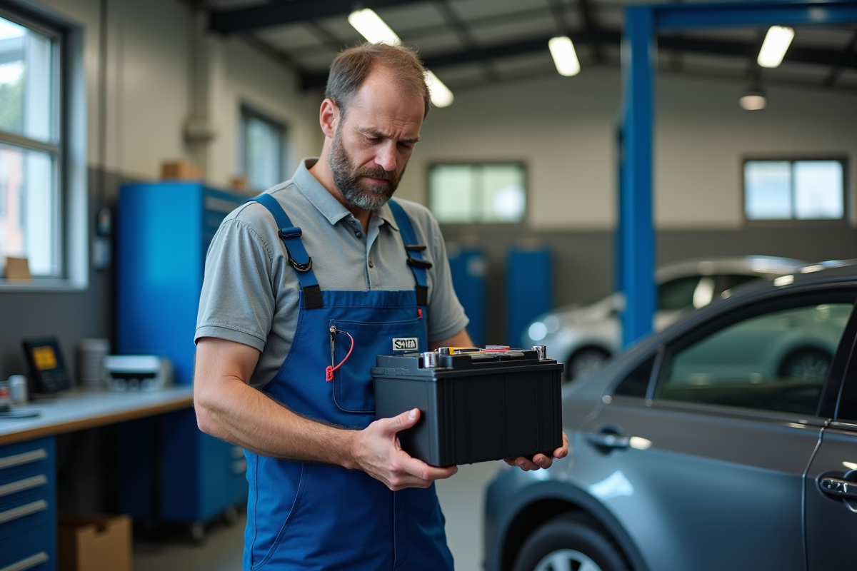 Mécanicien homme en overalls examine une batterie hybride