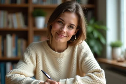Femme écrivant un message de remerciement à la main sur papier texturé dans un bureau chaleureux