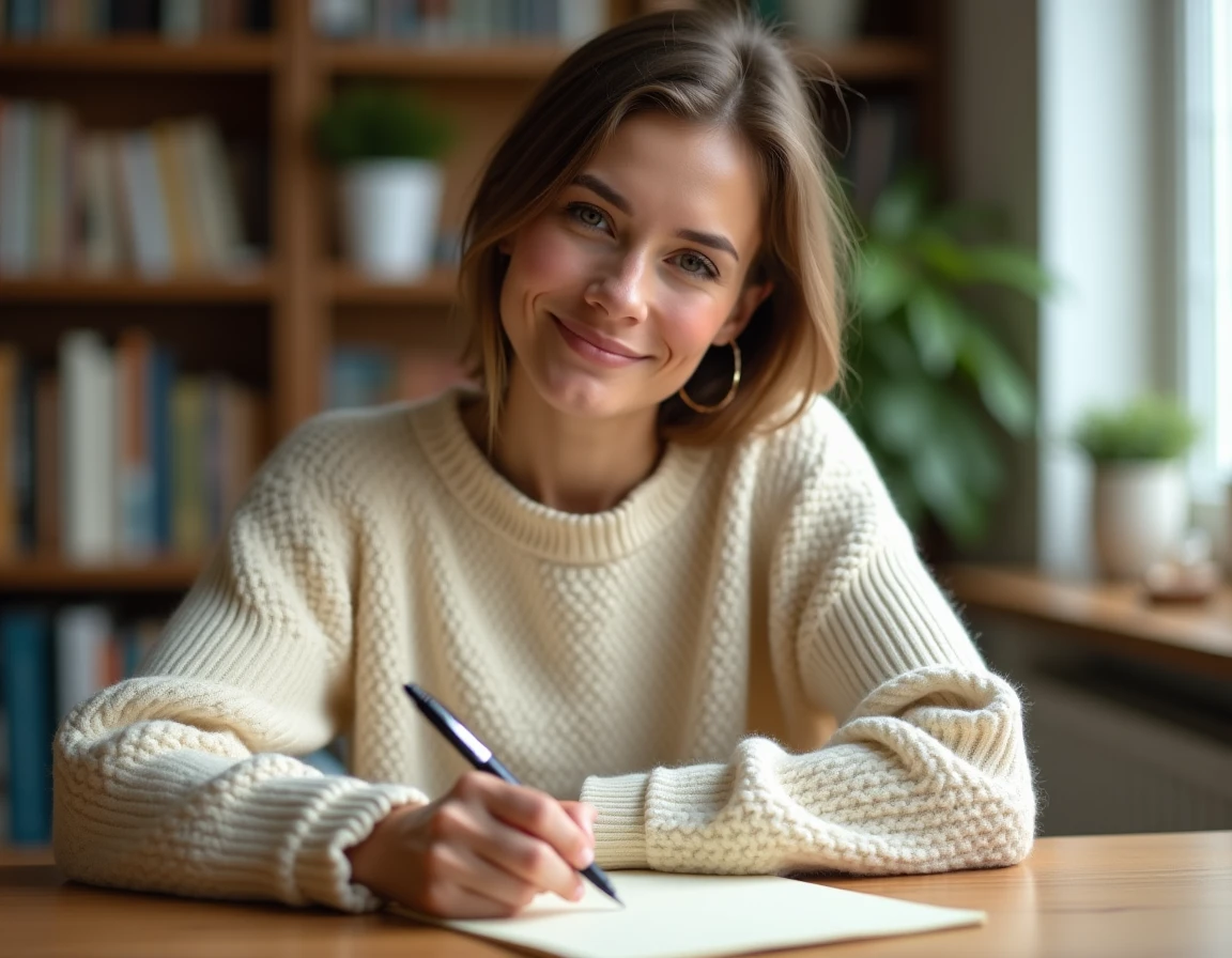 Femme écrivant un message de remerciement à la main sur papier texturé dans un bureau chaleureux