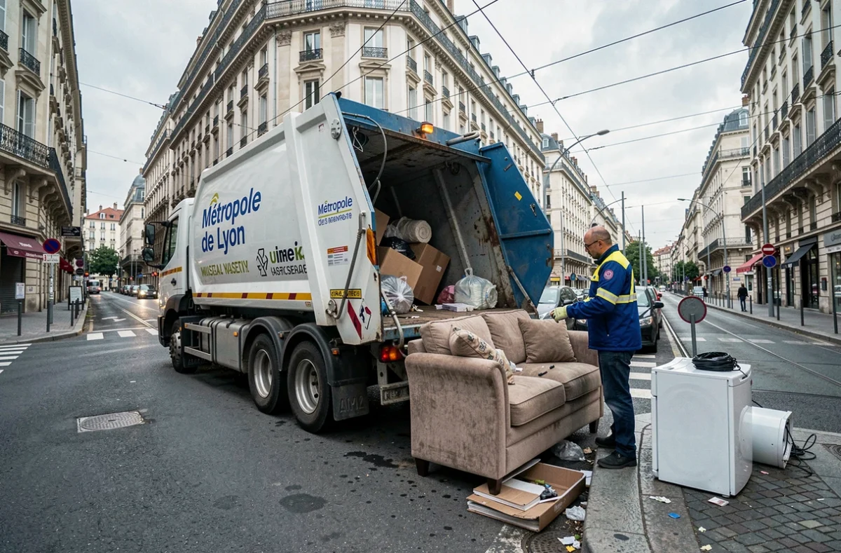 Camion de collecte de la Métropole de Lyon ramassant des encombrants dans une rue lyonnaise