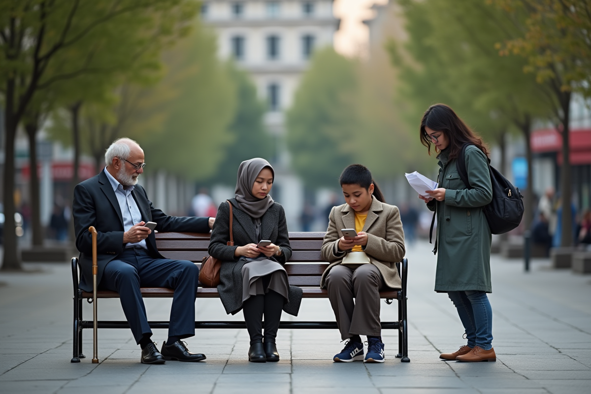 Groupe diversifié de migrants dans un espace urbain