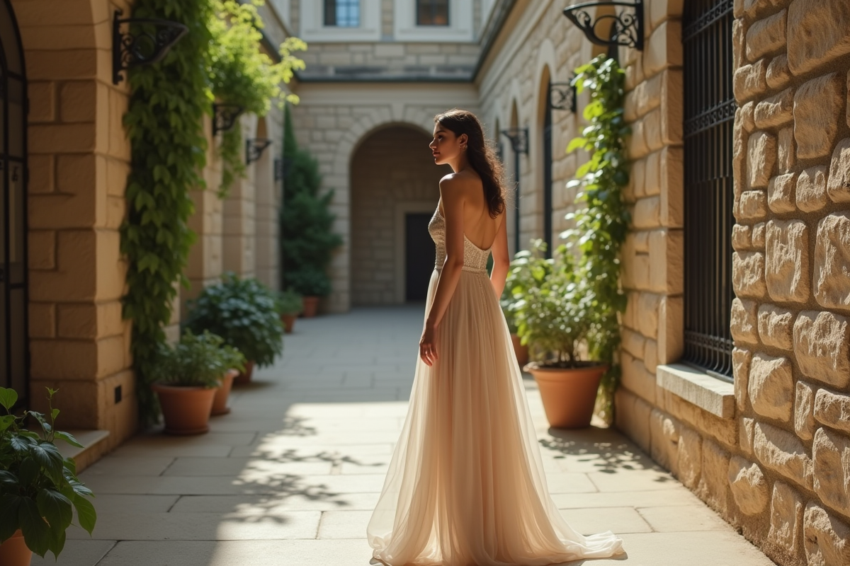 Mannequin portant une robe avantgarde dans un couloir historique