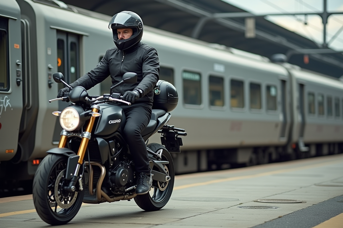 Motard en équipement guidant sa moto sur une plateforme européenne