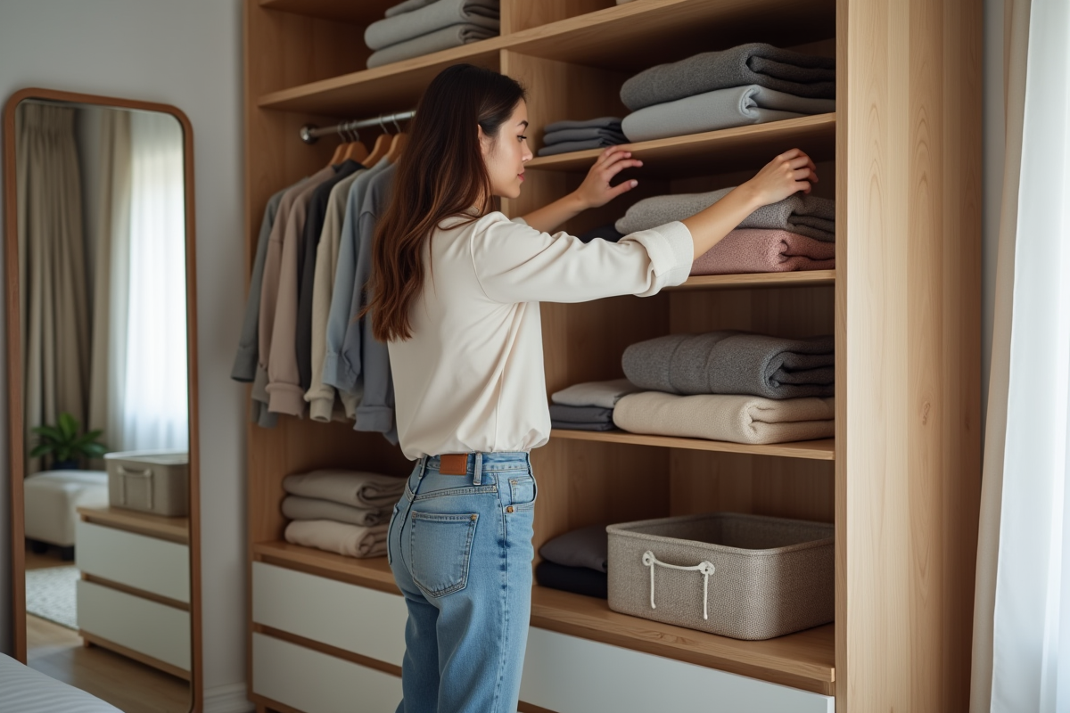 Femme organisant des pulls dans une chambre cosy