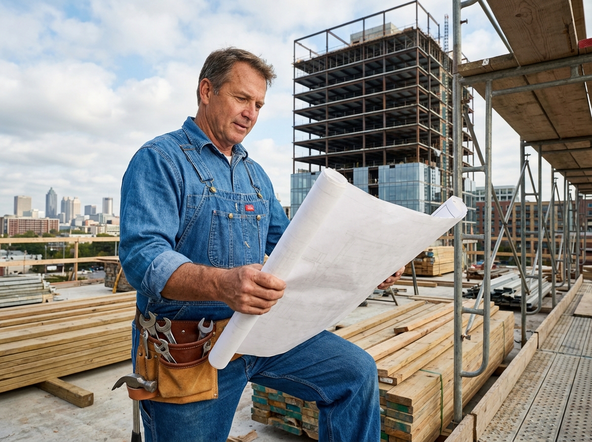 Ouvrier en blue overalls examinant des plans de construction