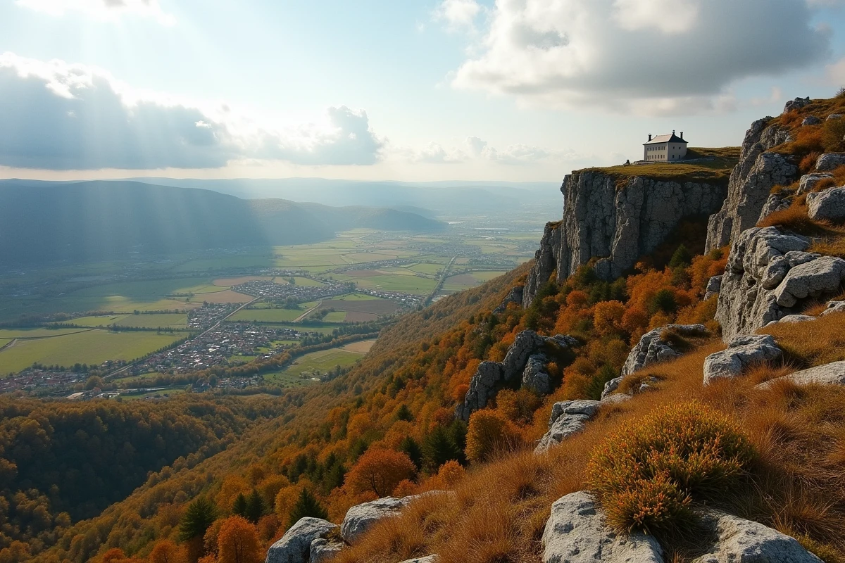 Vue panoramique depuis le Mont Auxois sur la vallée d'Alésia et le village d'Alise-Sainte-Reine