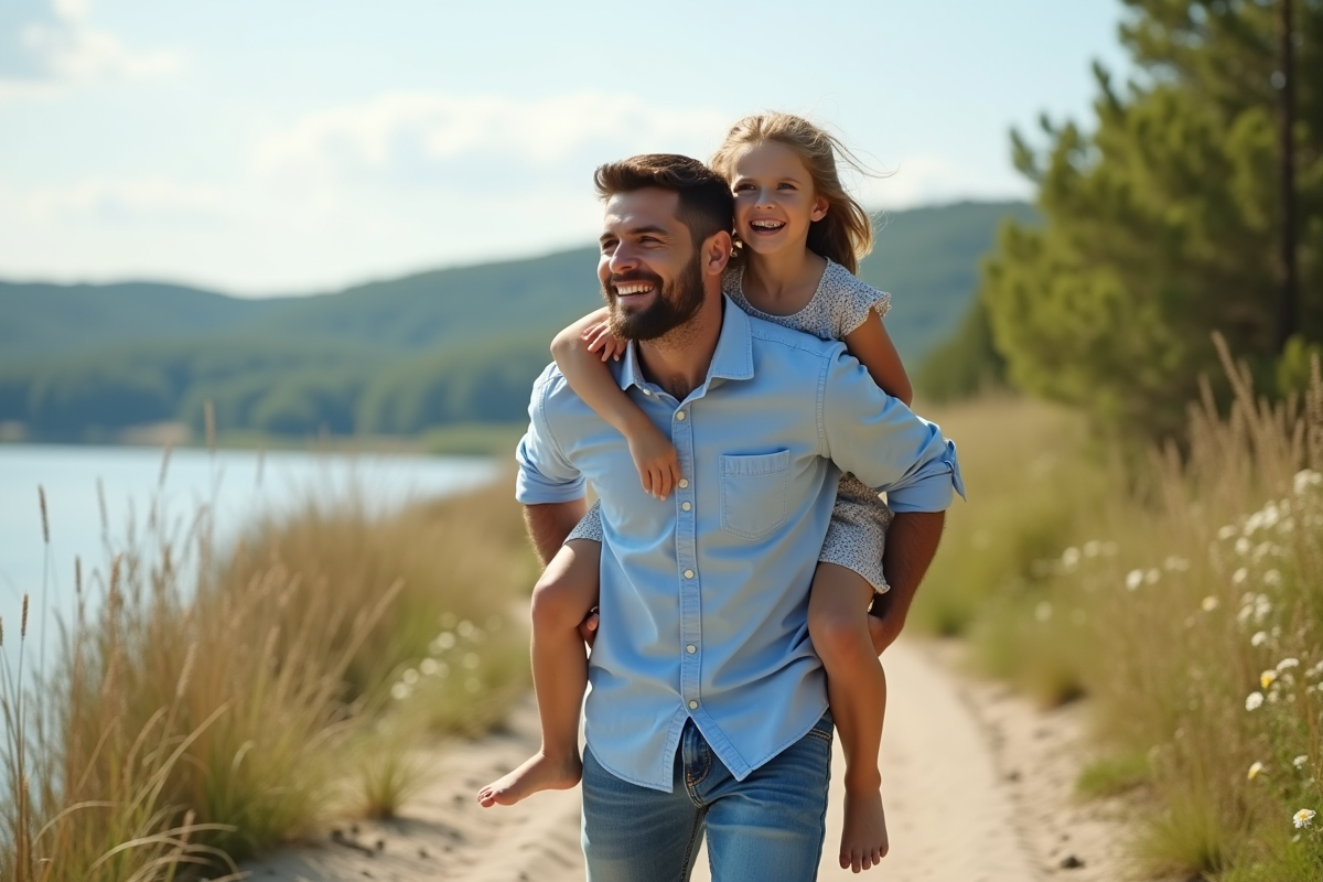 Père seul et fille jouent au bord de la rivière en plein air