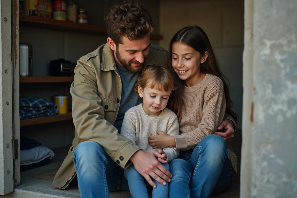 Père et enfants dans un abri souterrain sécurisé
