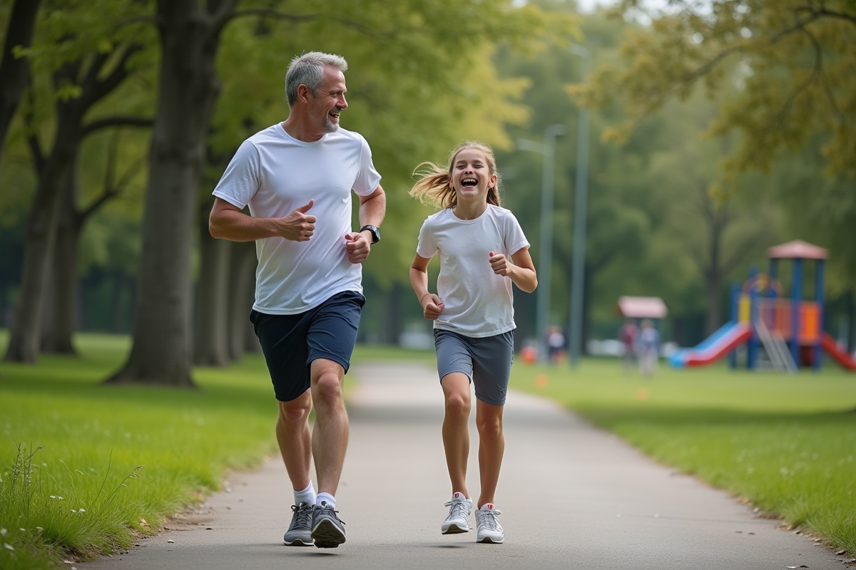 Père et fille en jogging dans un parc urbain en pleine conversation