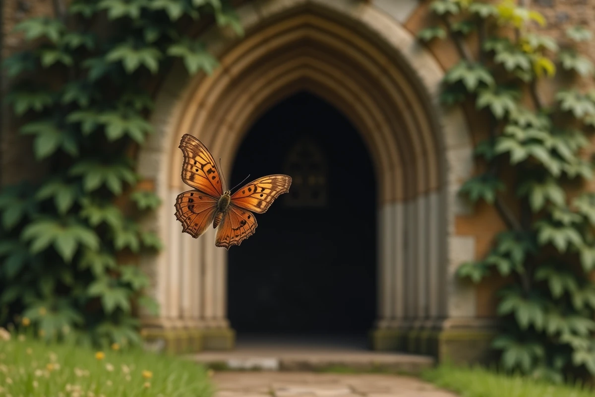 Papillon marron en vol devant une vieille chapelle en pierre couverte de mousse, évoquant la signification spirituelle et le message des guides ancestraux