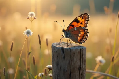 Papillon marron aux ailes détaillées posé sur un vieux poteau en bois dans une prairie fleurie, symbolisant la spiritualité et la transmission des guides