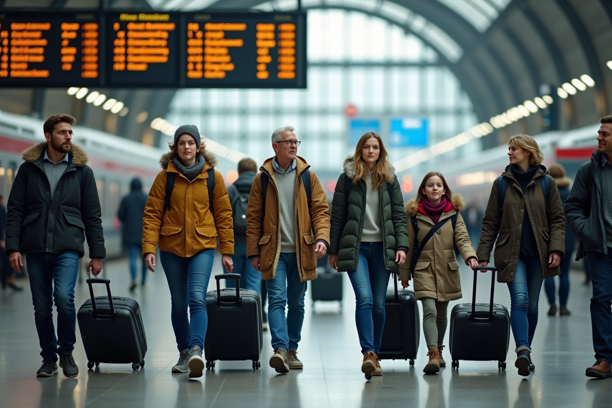 Groupe de voyageurs passant devant les panneaux d