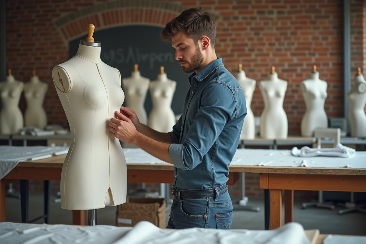 Jeune homme pinçant tissu sur mannequin dans atelier