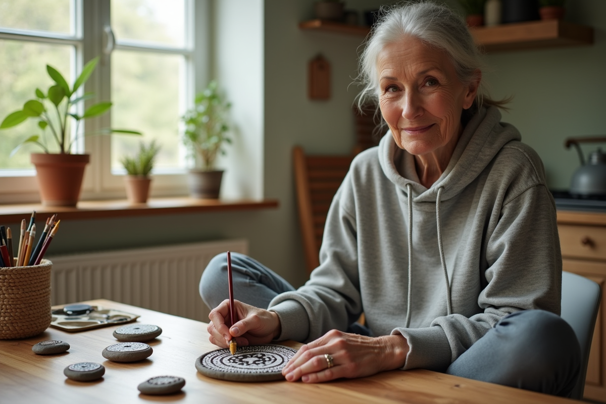 Femme d'âge moyen peignant des mandalas sur pierre dans sa cuisine