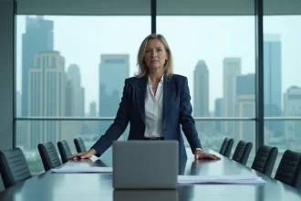 Femme professionnelle en blazer marine présidant une réunion en salle de conférence moderne, illustrant le profil de personnalité ESTJ ou ENTJ