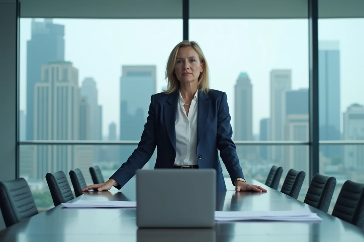 Femme professionnelle en blazer marine présidant une réunion en salle de conférence moderne, illustrant le profil de personnalité ESTJ ou ENTJ