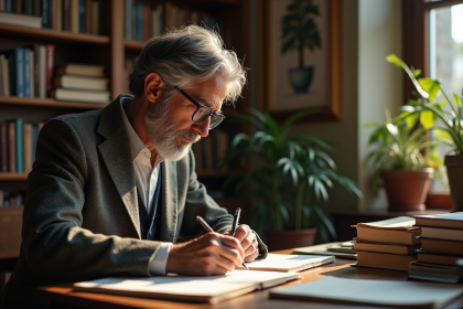 Philosophe mature lisant dans son bureau éclairé