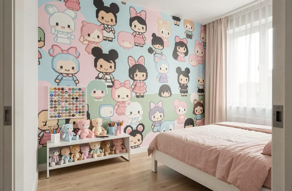 Chambre de jeune femme décorée d'une grande fresque murale en pixel art kawaii Disney aux couleurs pastel douces avec accessoires assortis