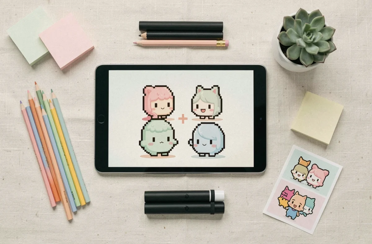 Flat lay de tablette affichant un pixel art kawaii Disney en couleurs pastel entouré d'accessoires créatifs assortis sur fond lin crème