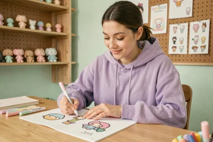 Jeune femme dessinant des personnages Disney en pixel art kawaii avec des feutres pastel sur du papier quadrillé dans un studio cosy