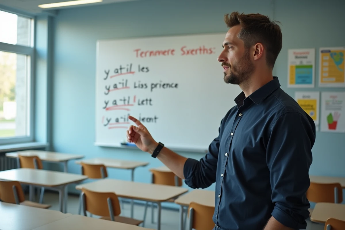 Professeur expliquant la règle du t euphonique en français devant un tableau blanc dans une salle de classe moderne
