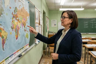 Professeure de lycée expliquant la notion de pays développé devant une carte du monde en classe