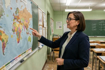 Professeure de lycée expliquant la notion de pays développé devant une carte du monde en classe