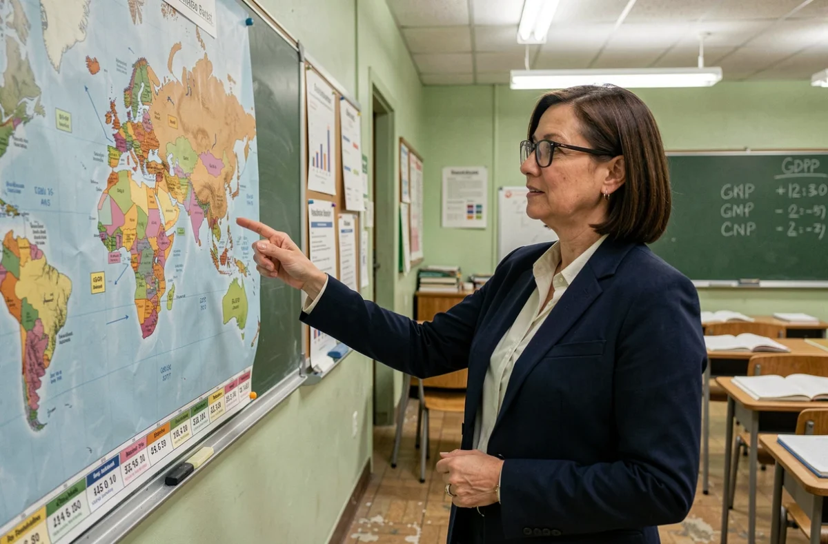 Professeure de lycée expliquant la notion de pays développé devant une carte du monde en classe