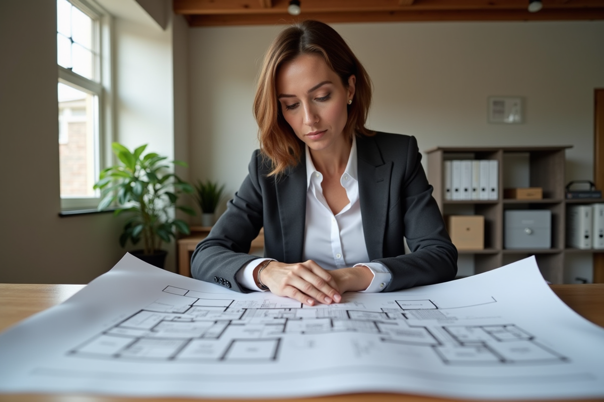 Femme professionnelle examine un plan immobilier dans un bureau moderne