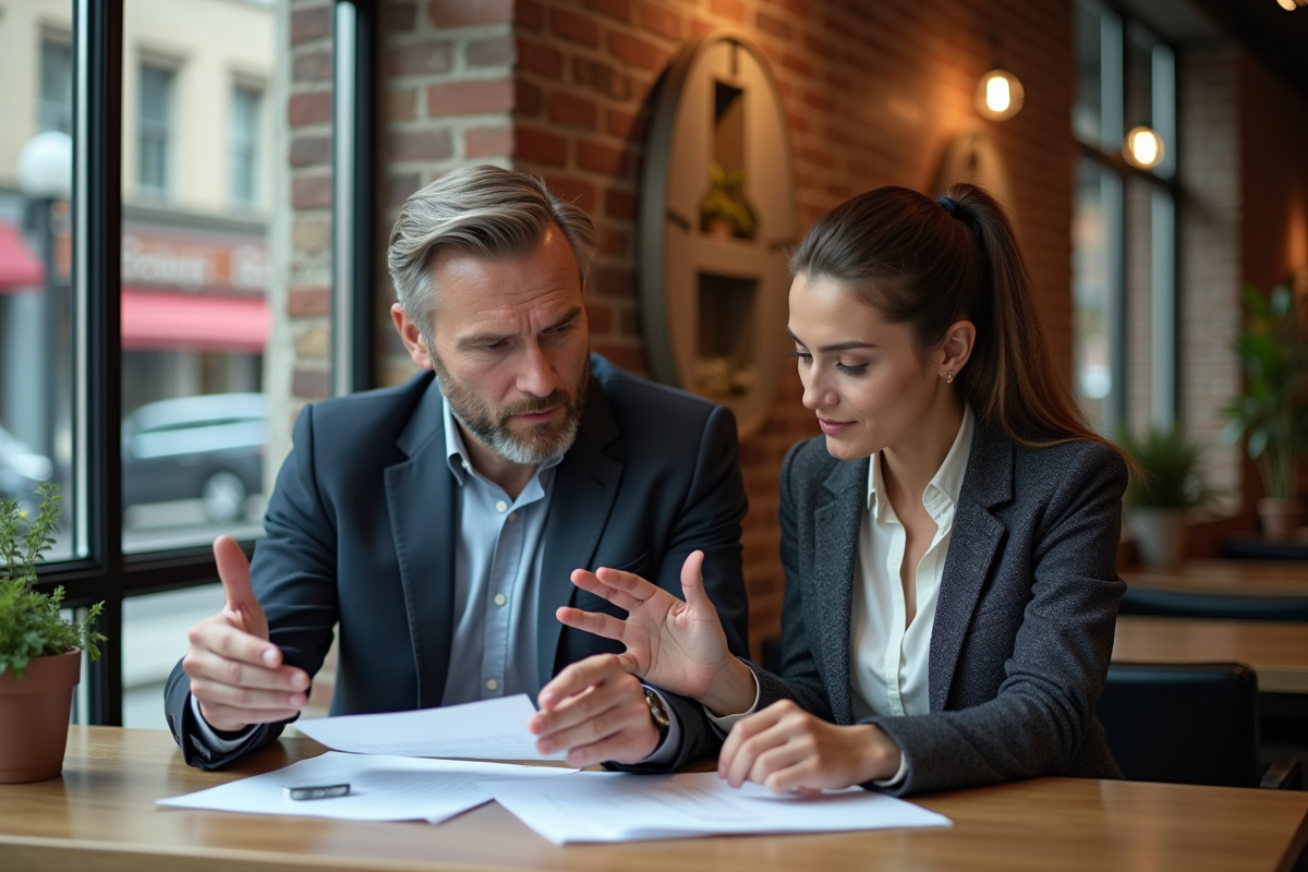 Homme et femme d'affaires dans un café moderne