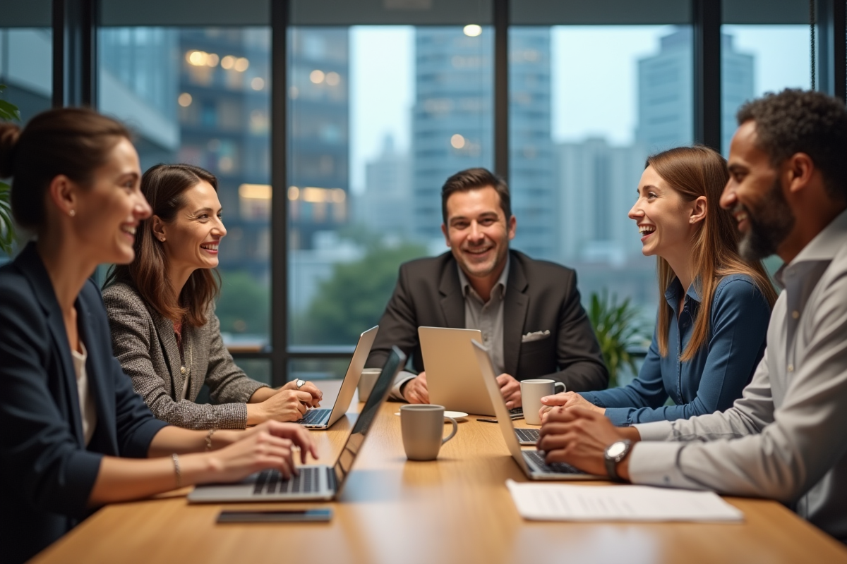 Quatre professionnels en réunion dans un bureau moderne