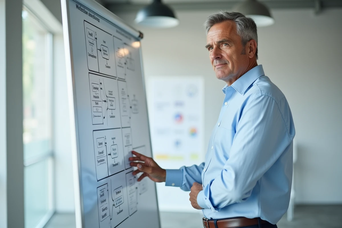 Homme analyste devant un tableau blanc couvert de schémas de prise de décision, représentant les différences cognitives entre personnalités ESTJ et ENTJ