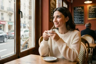 Jeune femme souriante dans un café parisien, savourant son espresso près d'une fenêtre — illustrant l'expression profite bien de ta journée