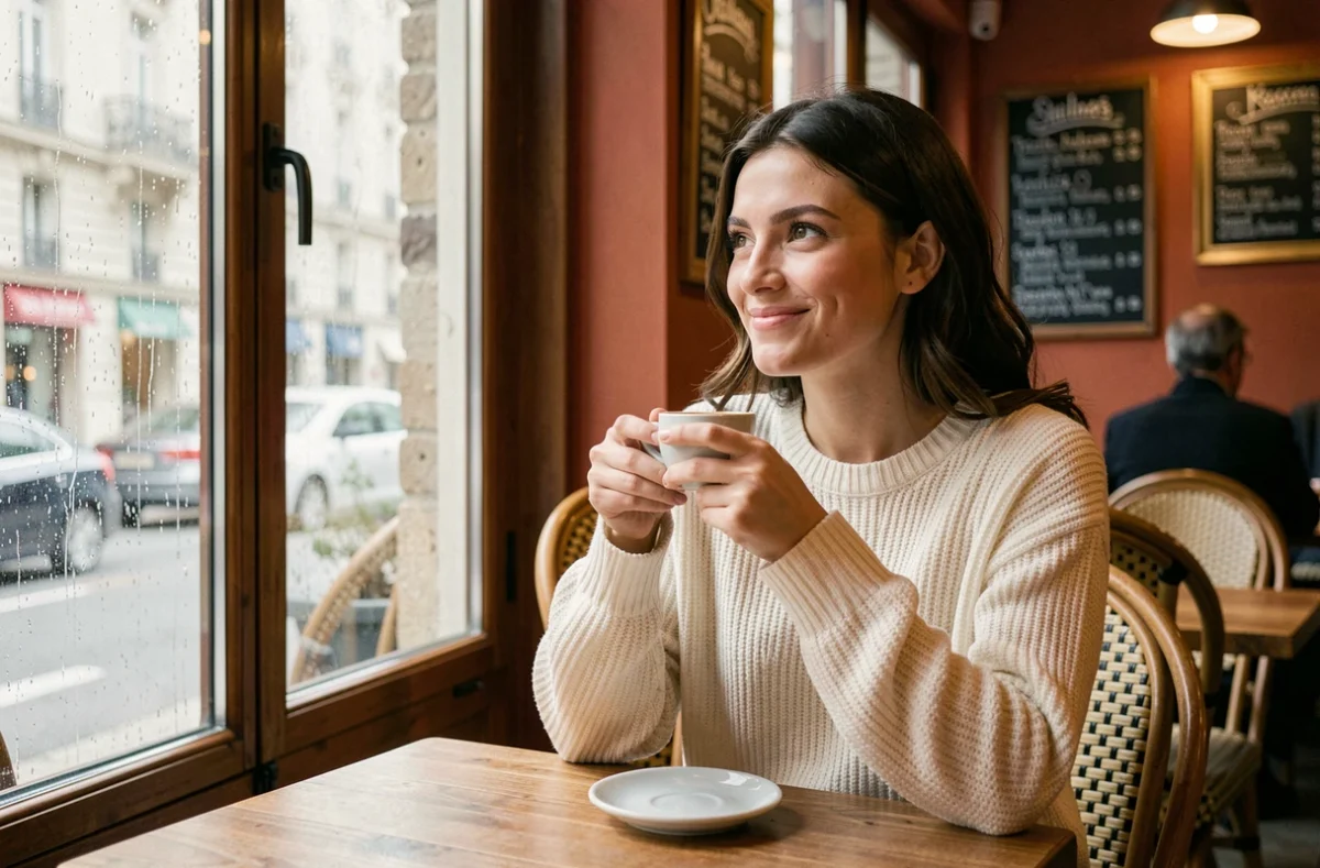 Jeune femme souriante dans un café parisien, savourant son espresso près d'une fenêtre — illustrant l'expression profite bien de ta journée