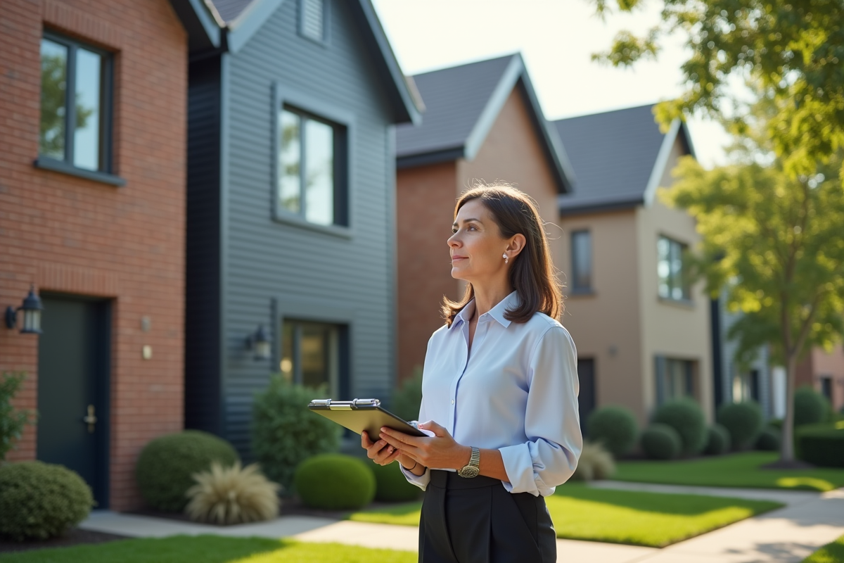 Proprietaire immobiliere observant maisons en banlieue