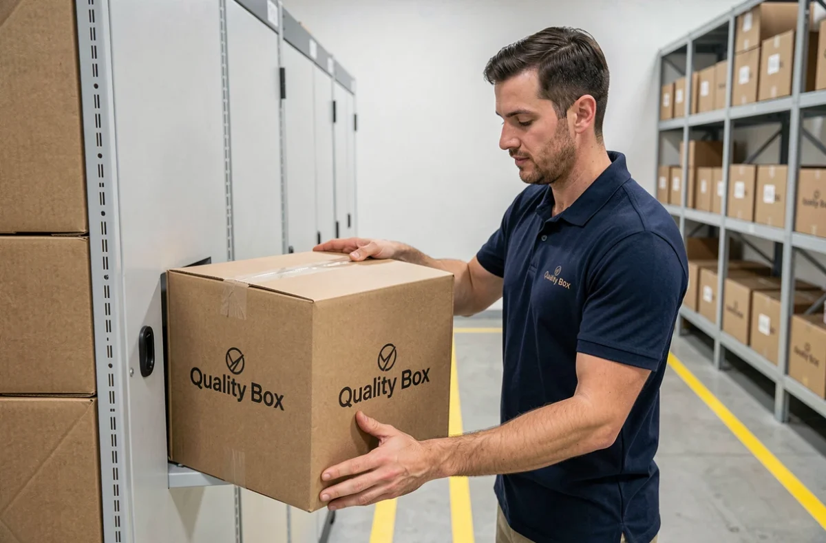 Déménageur rangeant des cartons Quality Box dans un entrepôt de stockage modulaire professionnel