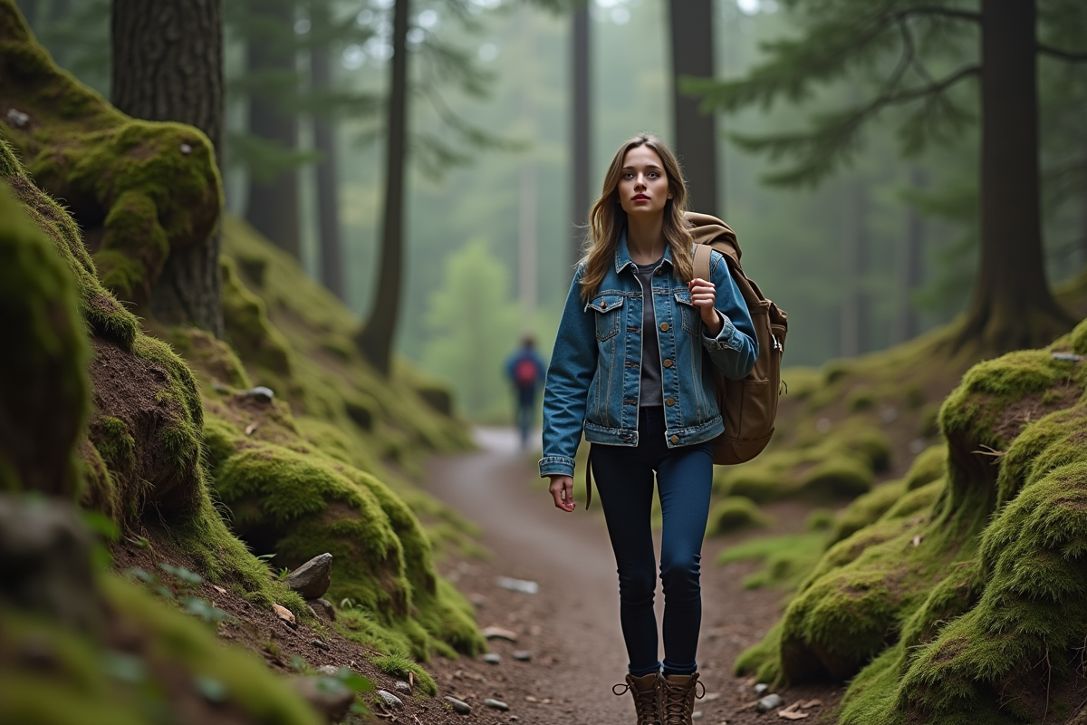 Jeune femme en randonnée dans la forêt dense